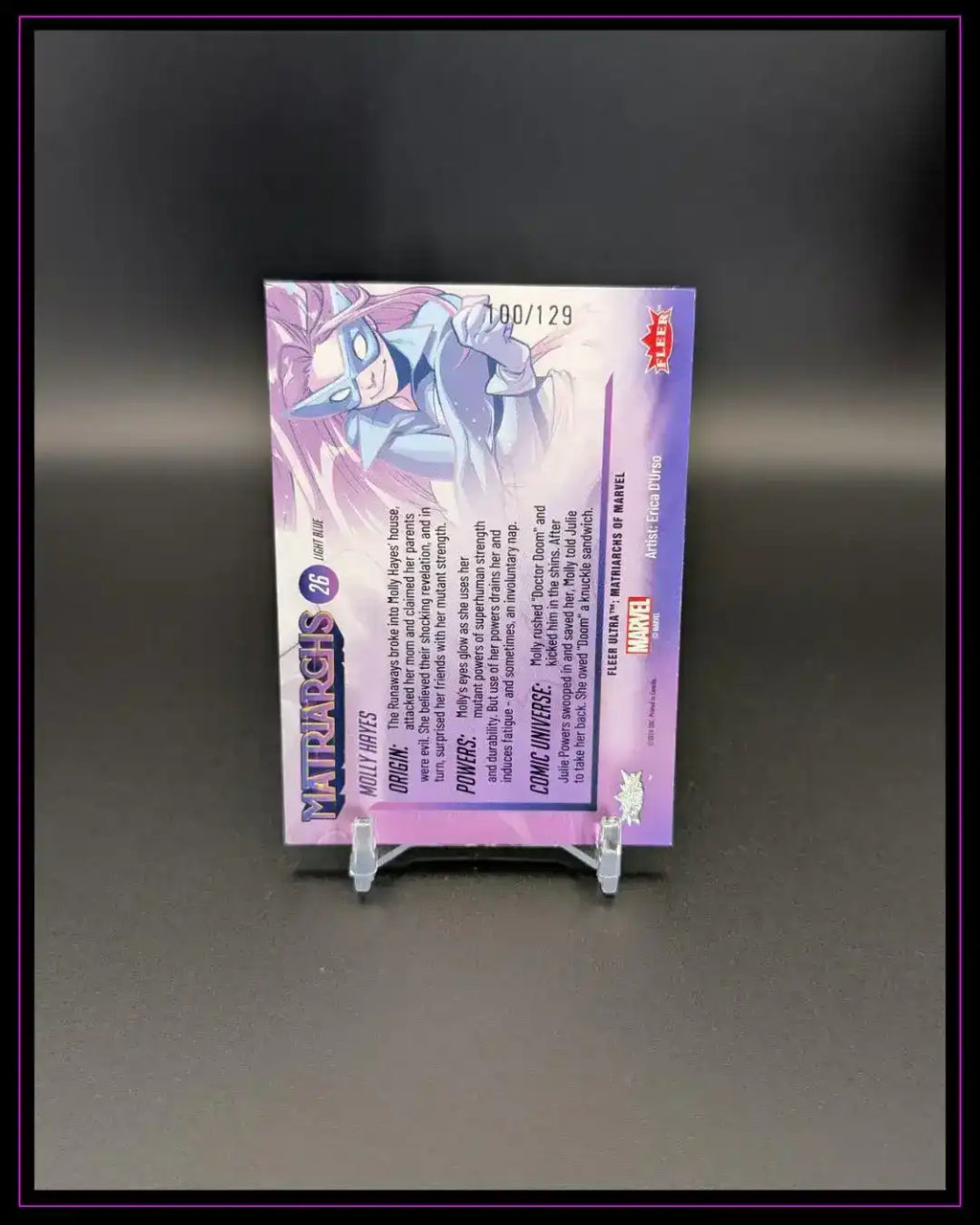 Rückseite einer Marvel Trading Card mit Molly Hayes, violettem Design und Textbeschreibung