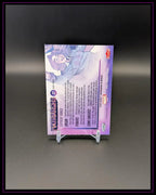 Rückseite einer Marvel Trading Card auf Ständer, lila Design, Comicfigur und Text sichtbar.