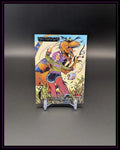 Trading Card mit Comic-Figur, Dinosaurier und dynamischer Action, Sammelkarte auf Ständer