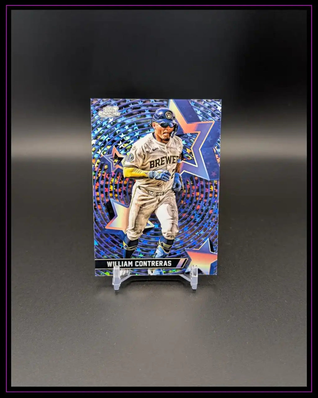 Baseball Trading Card von William Contreras, Milwaukee Brewers, mit farbigem Sternenmuster.