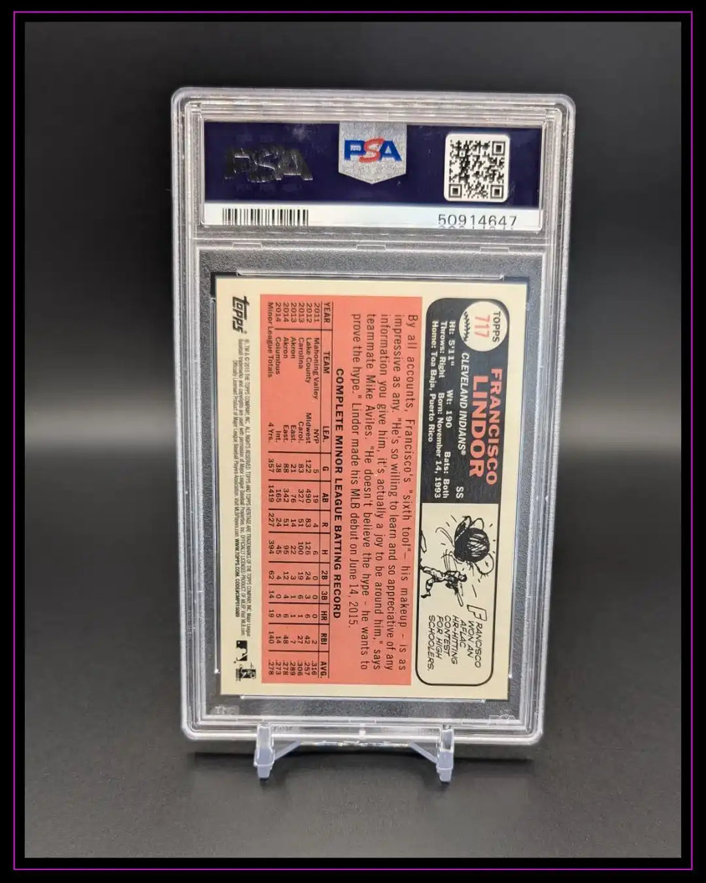 Rückseite einer PSA-zertifizierten Baseball Trading Card von Francisco Lindor mit Statistiken und Infos.