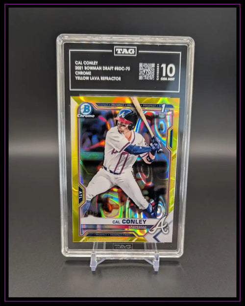 2021 Bowman Draft Cal Conley Baseball Sammelkarte, Yellow Lava Refractor, TAG 10, versiegelt