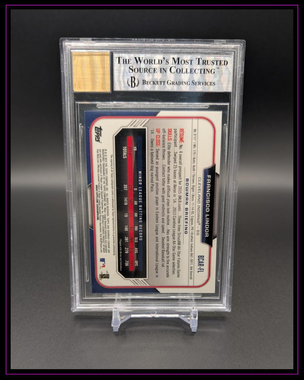 2015 Bowman Chrome #BCAR-FL Francisco Lindor Rookie Autographs BGS 8.5