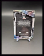 Rückseite einer Star Wars Galaxy Trading Card auf Ständer, Fokus auf Beschreibungstext.