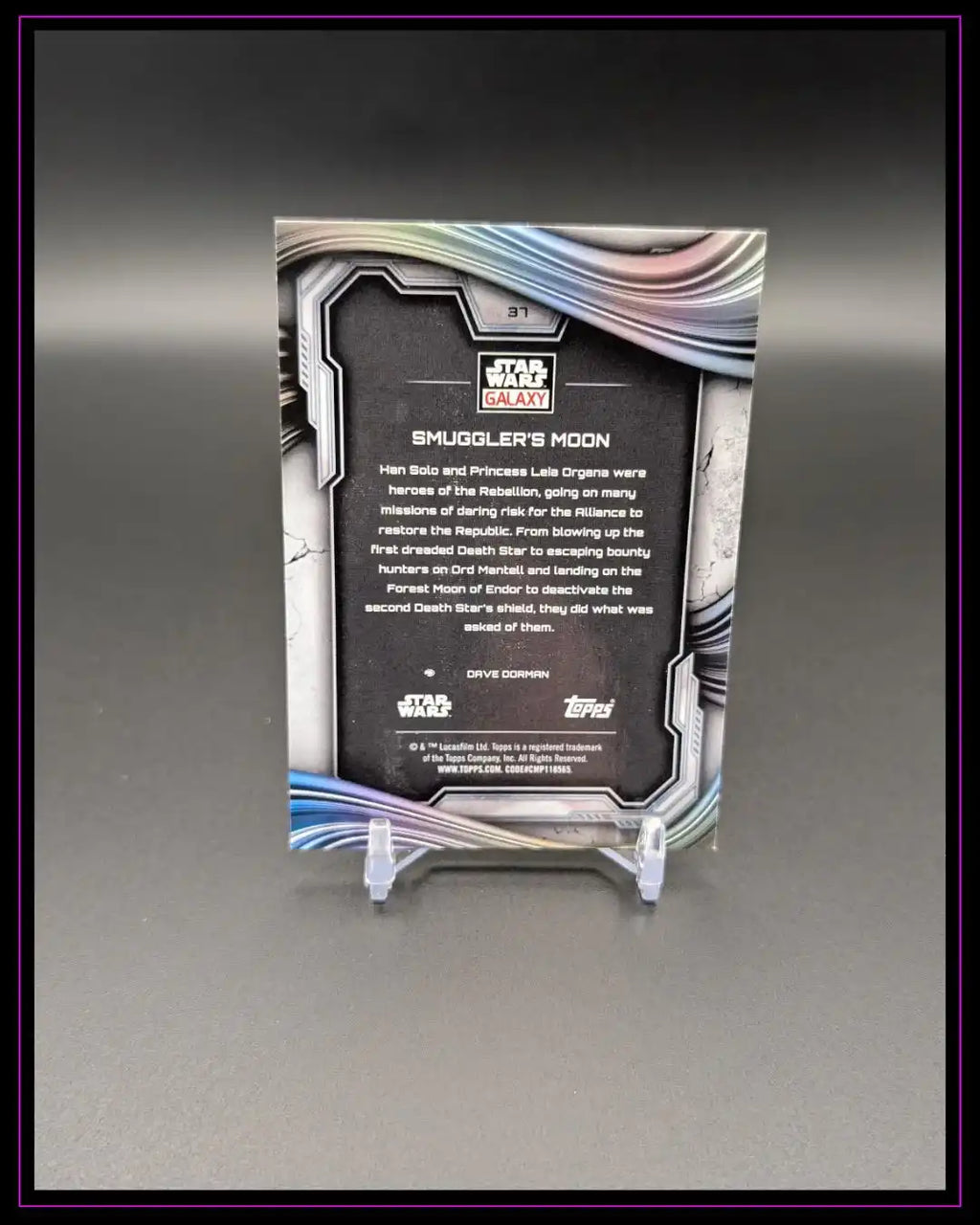 Rückseite einer Star Wars Galaxy Trading Card mit silbernem Rahmen und Text auf Ständer