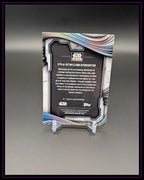 Rückseite einer Star Wars Galaxy Trading Card mit Text und futuristischem Design auf Ständer