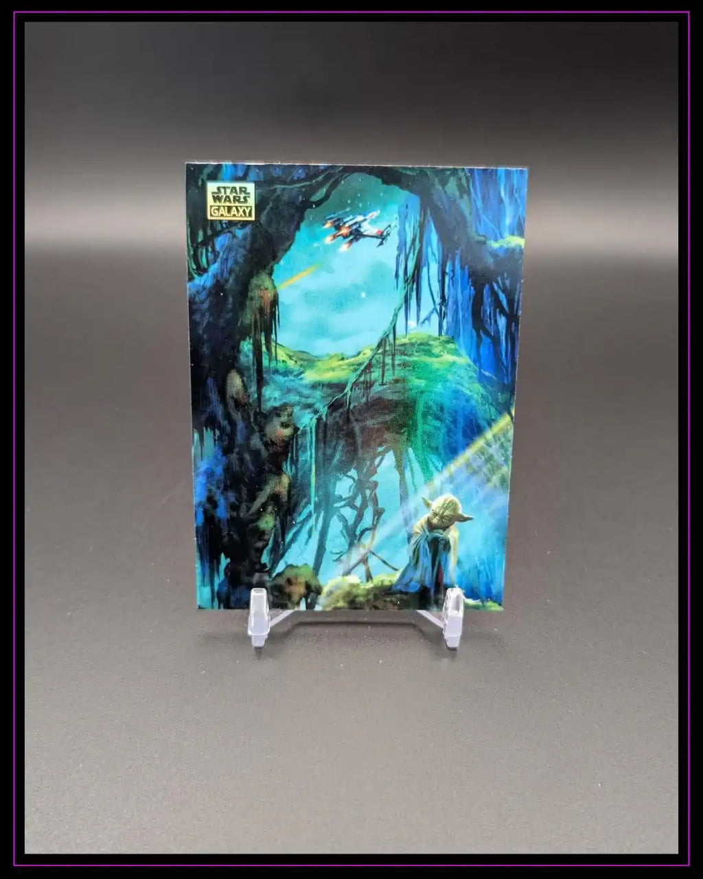 Star Wars Galaxy Trading Card mit Yoda im Dagobah-Sumpf und X-Wing im Hintergrund