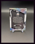 Rückseite einer Star Wars Galaxy Trading Card mit silbernen Sci-Fi-Rahmen auf Ständer