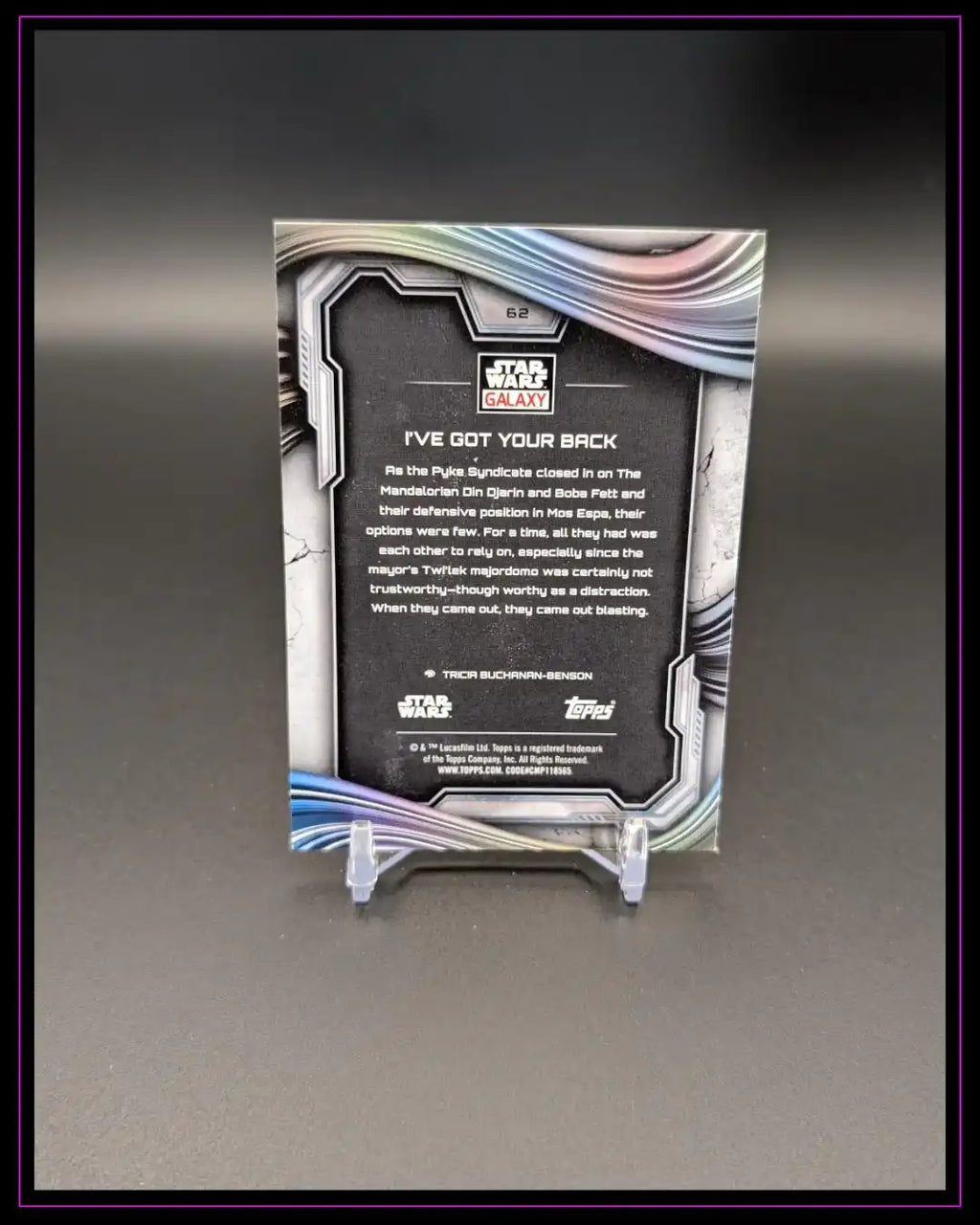Rückseite einer Star Wars Galaxy Trading Card mit silbernem Design und englischem Text auf Ständer