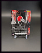 Rückseite einer Panini Football Trading Card von David Bell, Cleveland Browns, auf Kartenständer