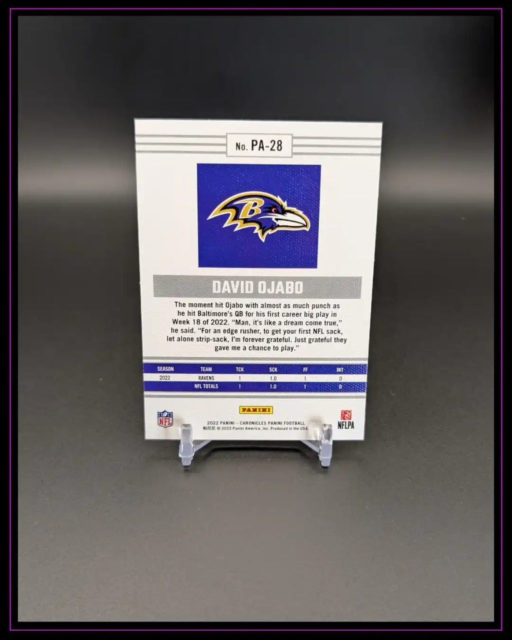 NFL Trading Card Rückseite, Baltimore Ravens Logo, Panini Chronicles, Statistiken und Text