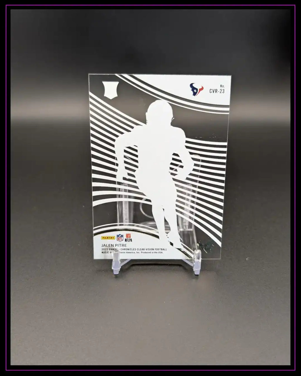 Panini Jalen Pitre NFL Trading Card auf Ständer, Clear Vision Football Sammlerstück