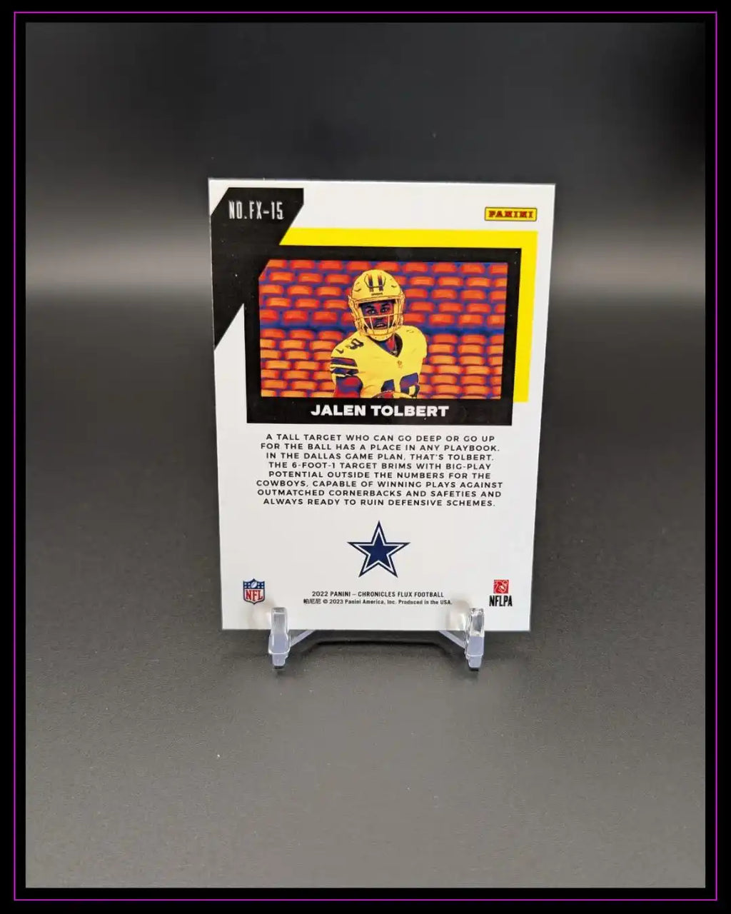 Rückseite einer Jalen Tolbert NFL Trading Card 2022 Panini Chronicles, Dallas Cowboys Logo, Textbeschreibung