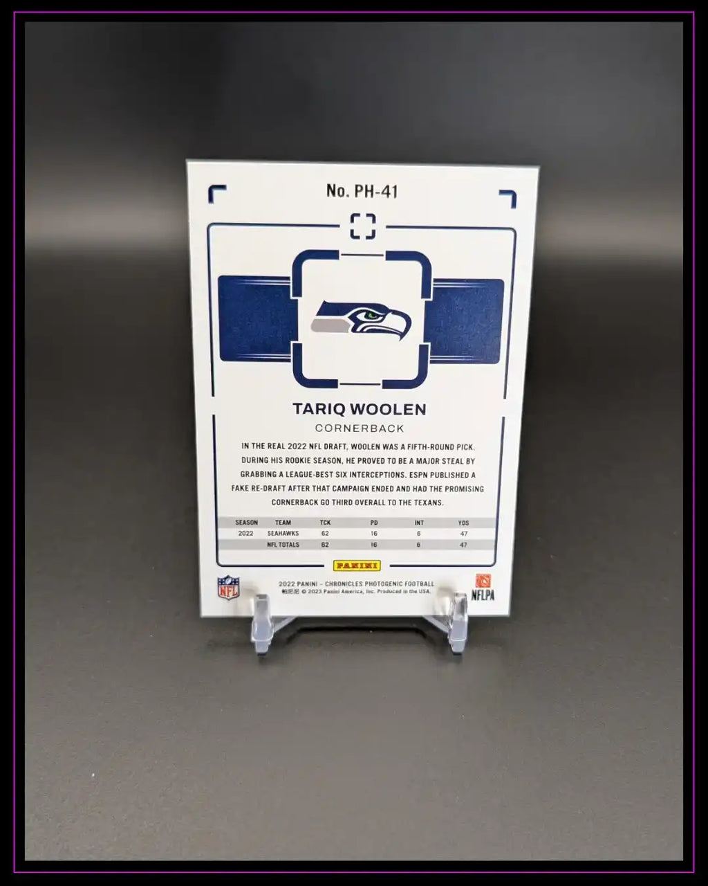 Rückseite einer NFL Trading Card Tariq Woolen Seattle Seahawks, Statistiken und Infos sichtbar