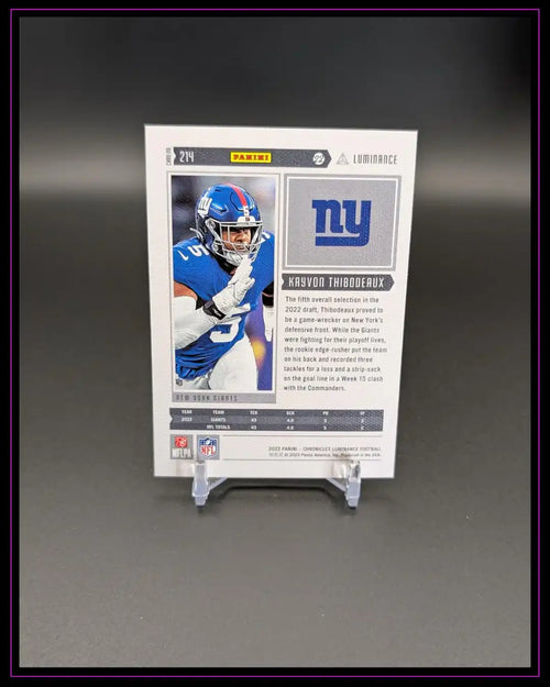 Rückseite einer NFL Trading Card von Kayvon Thibodeaux, New York Giants, mit Stats und Text.