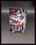American Football Trading Card mit Spieler im weißen Trikot, Rookie-Card-Logo, auf Ständer