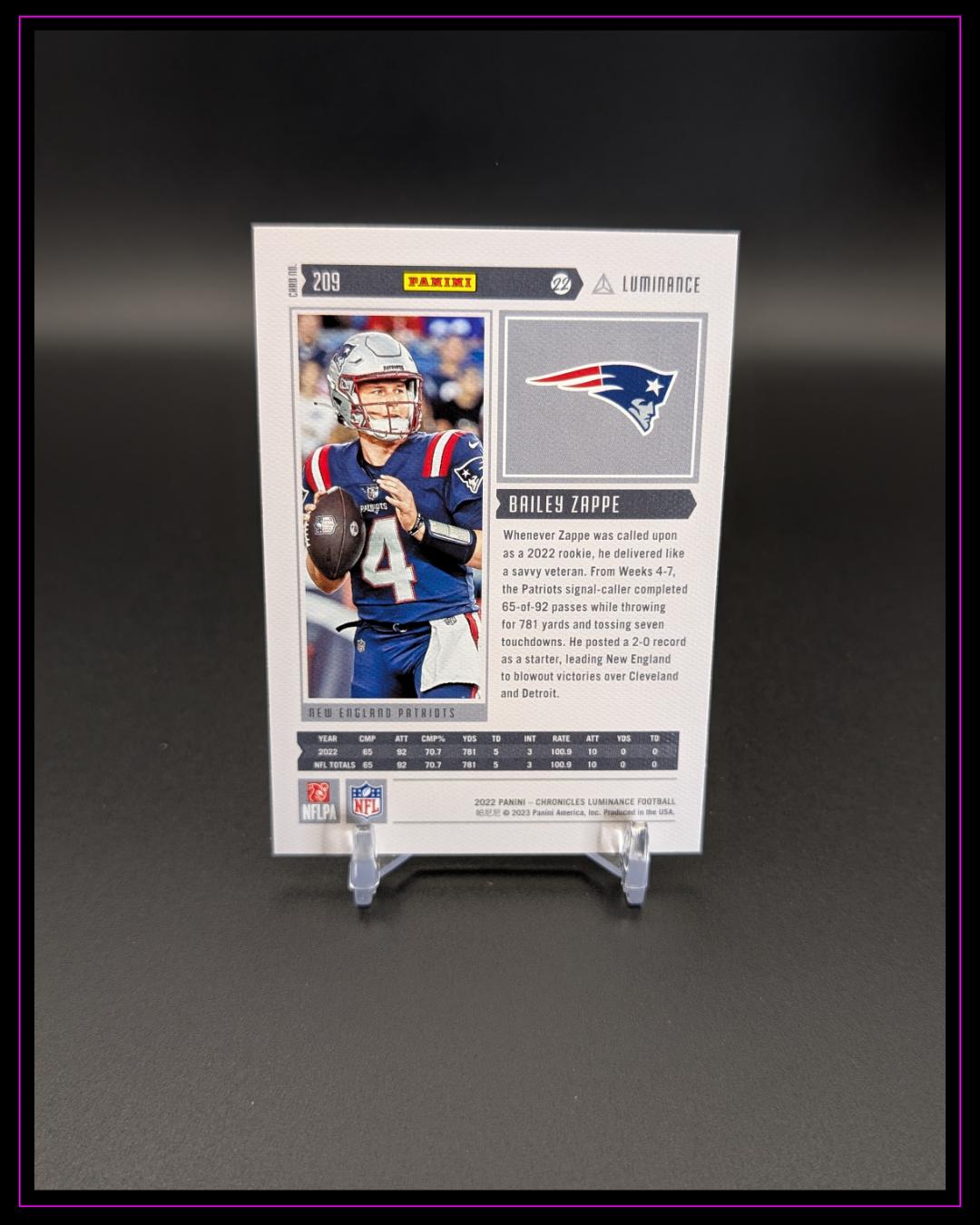 2022 Panini Chronicles #209 Bailey Zappe Luminance Update Rookies