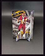 American Football Trading Card mit Spieler im roten Trikot vor dynamischem Hintergrund