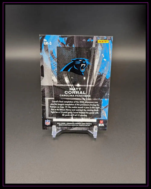 Rückseite einer Matt Corral Carolina Panthers NFL Trading Card auf schwarzem Hintergrund