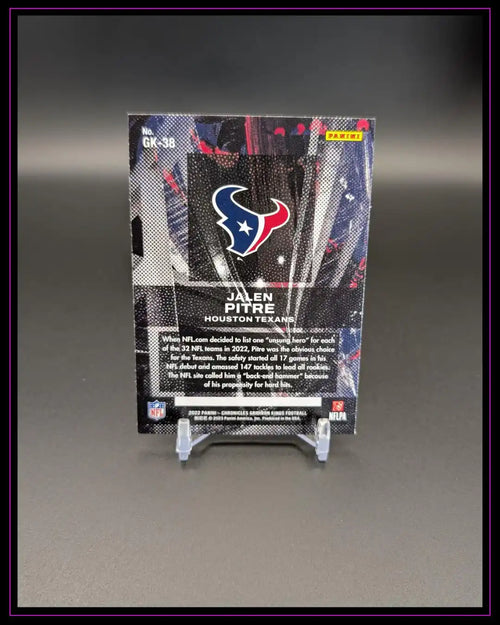 Rückseite einer Jalen Pitre Houston Texans NFL Trading Card auf Kartenhalter, Panini Football Sammlerkarte