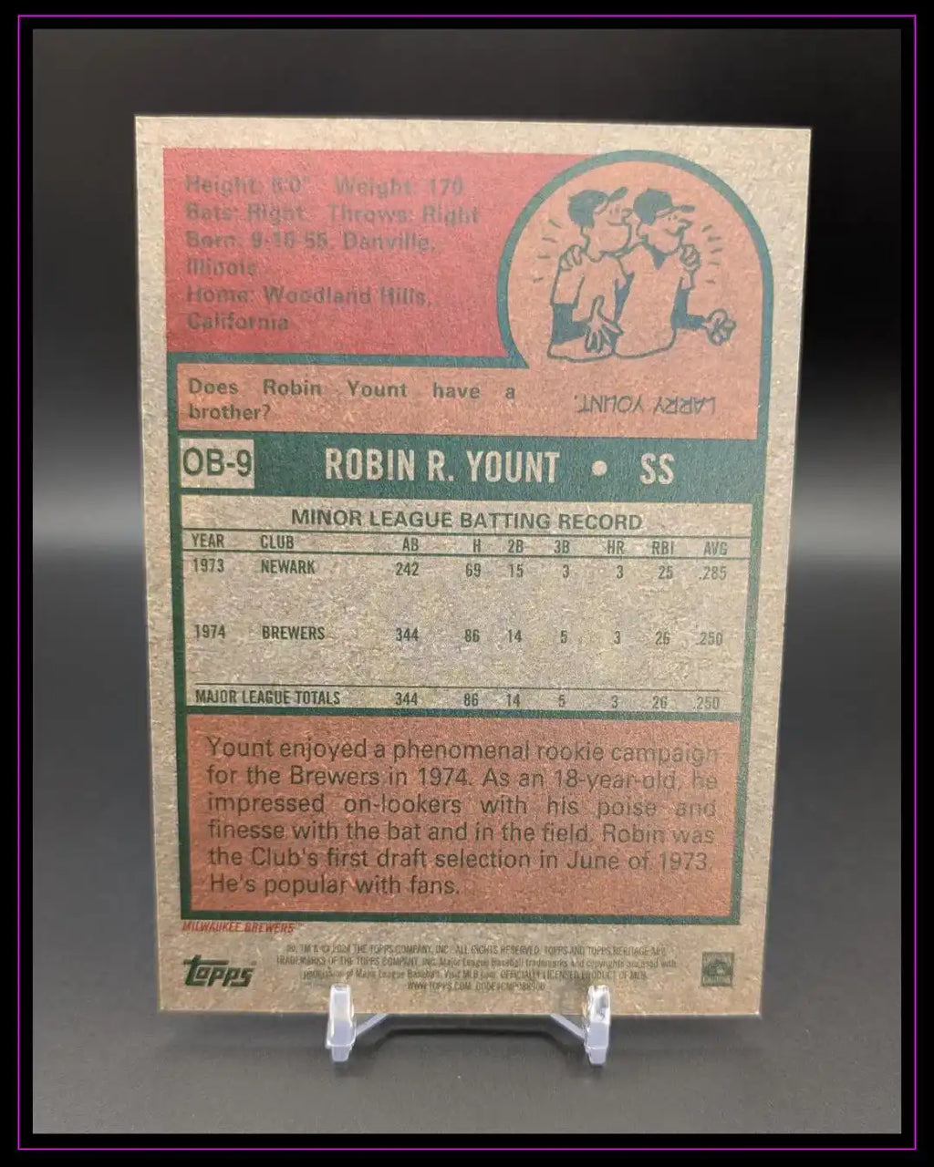 Rückseite einer Robin Yount Baseball-Trading-Card mit Statistiken und Infografik, Nahaufnahme