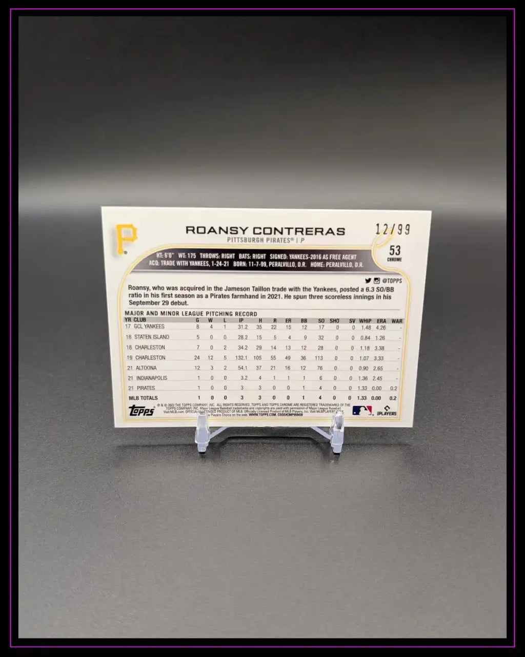Limitierte Baseball-Trading Card Rückseite von Roansy Contreras mit Statistiken, Pittsburgh Pirates.