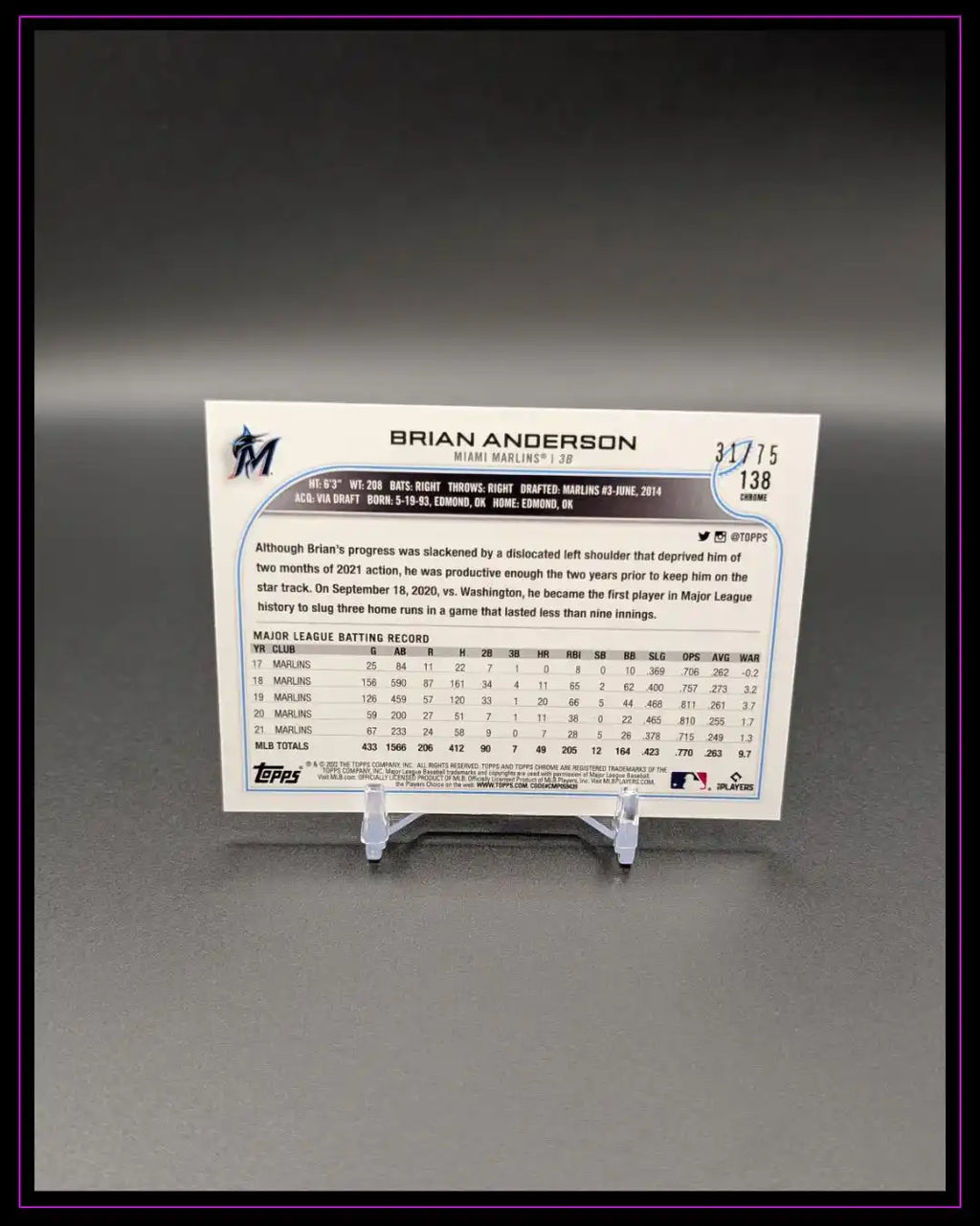 Baseball Trading Card Rückseite, Brian Anderson, Statistiken und Text, neutraler Hintergrund