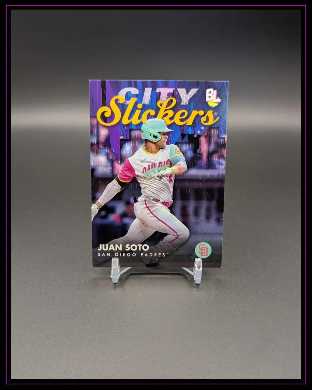 Baseball Sammelkarte Juan Soto San Diego Padres City Slickers auf Kartenständer