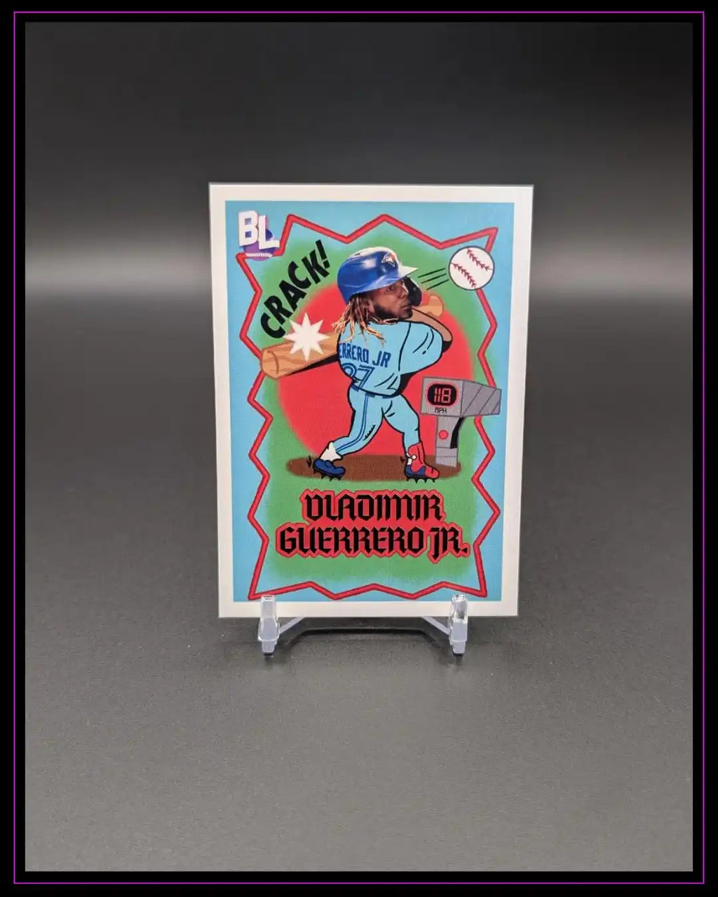 Baseball Trading Card mit Comic-Motiv von Vladimir Guerrero Jr., bunte Illustration, Sammelkarte