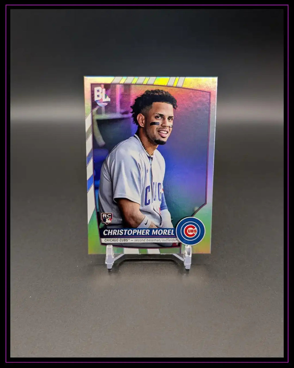 Baseball Sammelkarte Christopher Morel Chicago Cubs, buntes Design, Trading Card stehend