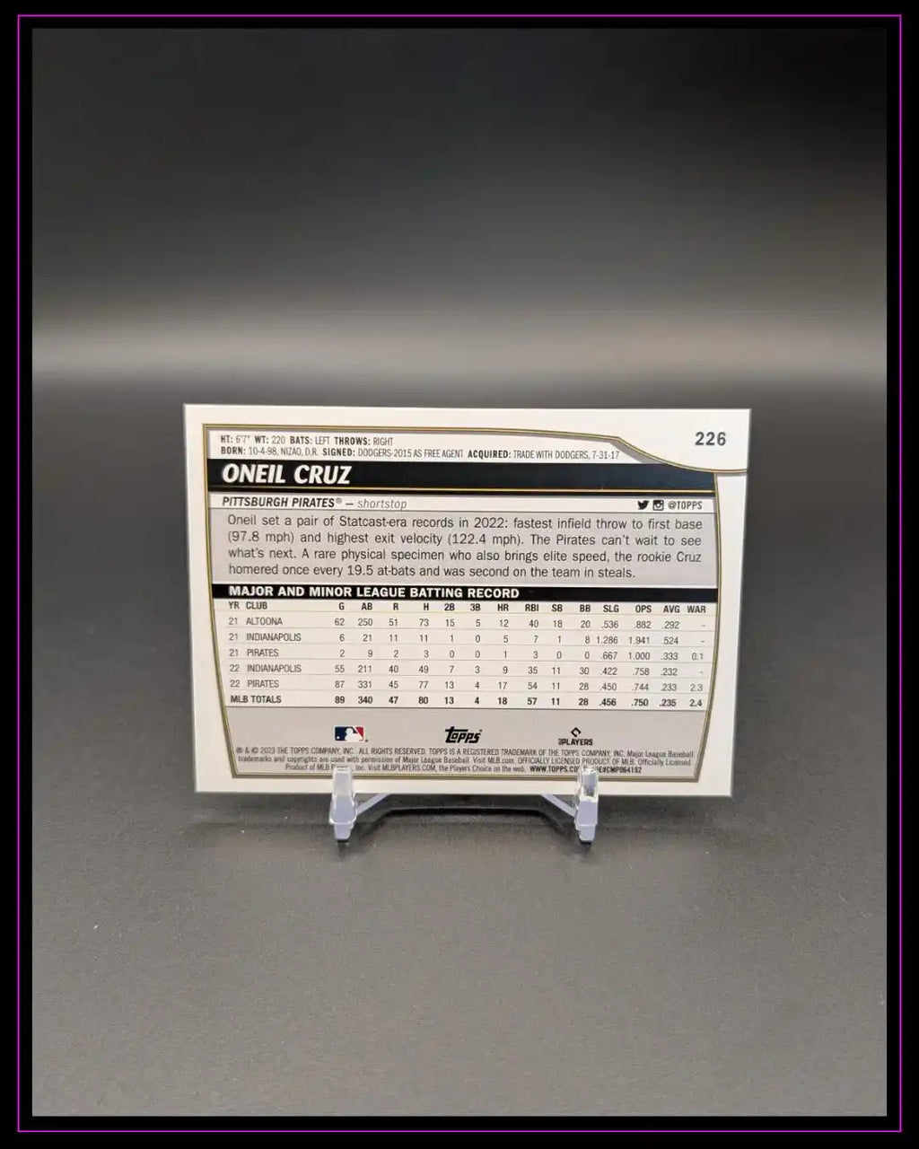 Rückseite einer O'Neil Cruz Baseball Trading Card mit Statistiken und Biografie auf Kartenständer