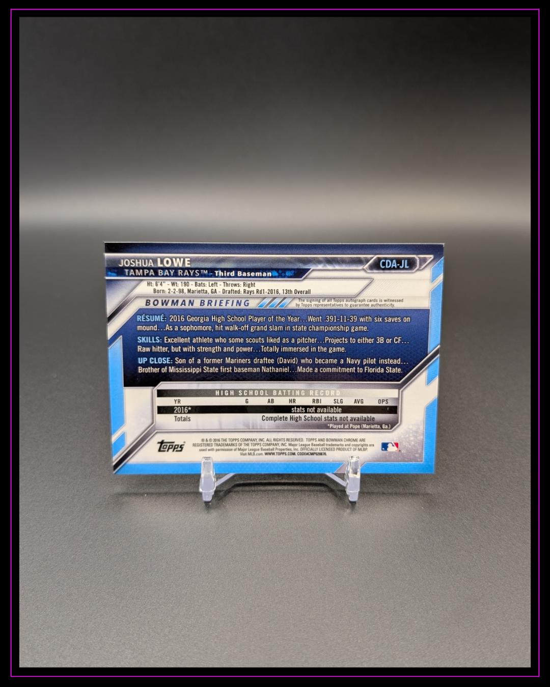 2016 Bowman Draft #CDA-JL Joshua Lowe Chrome Draft Pick Autographs