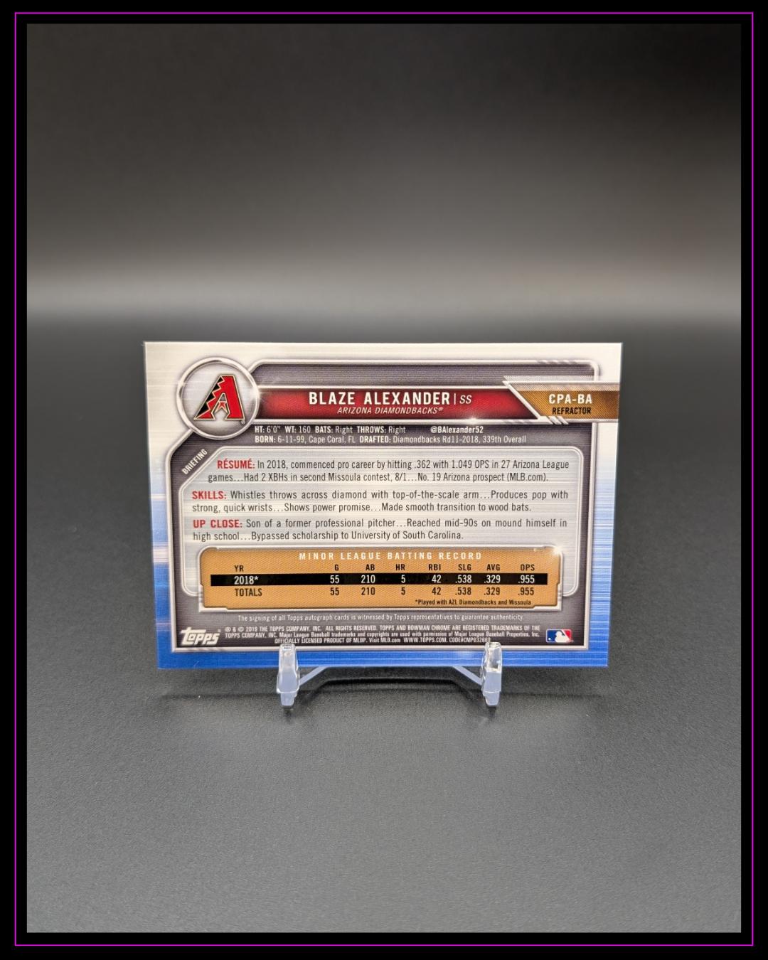 2019 Bowman #CPA-BA Blaze Alexander Chrome Prospect Autographs Refractor #/499