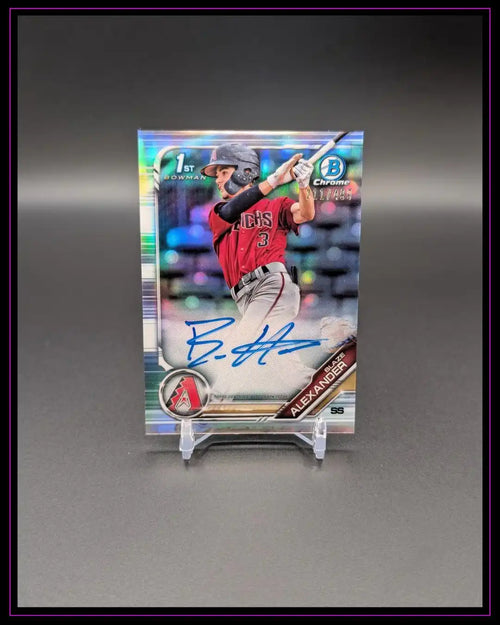 Signierte Baseball Trading Card Bowman Chrome Blaze Alexander, ausgestellt auf Ständer