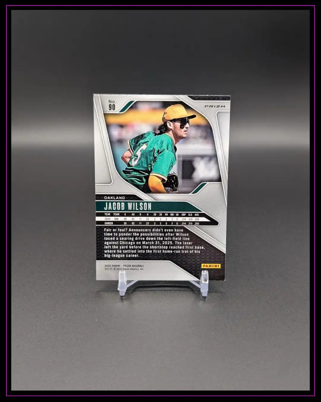 Baseball-Sammelkarte von Jacob Wilson, Rückseite, Panini Prizm, auf Ständer