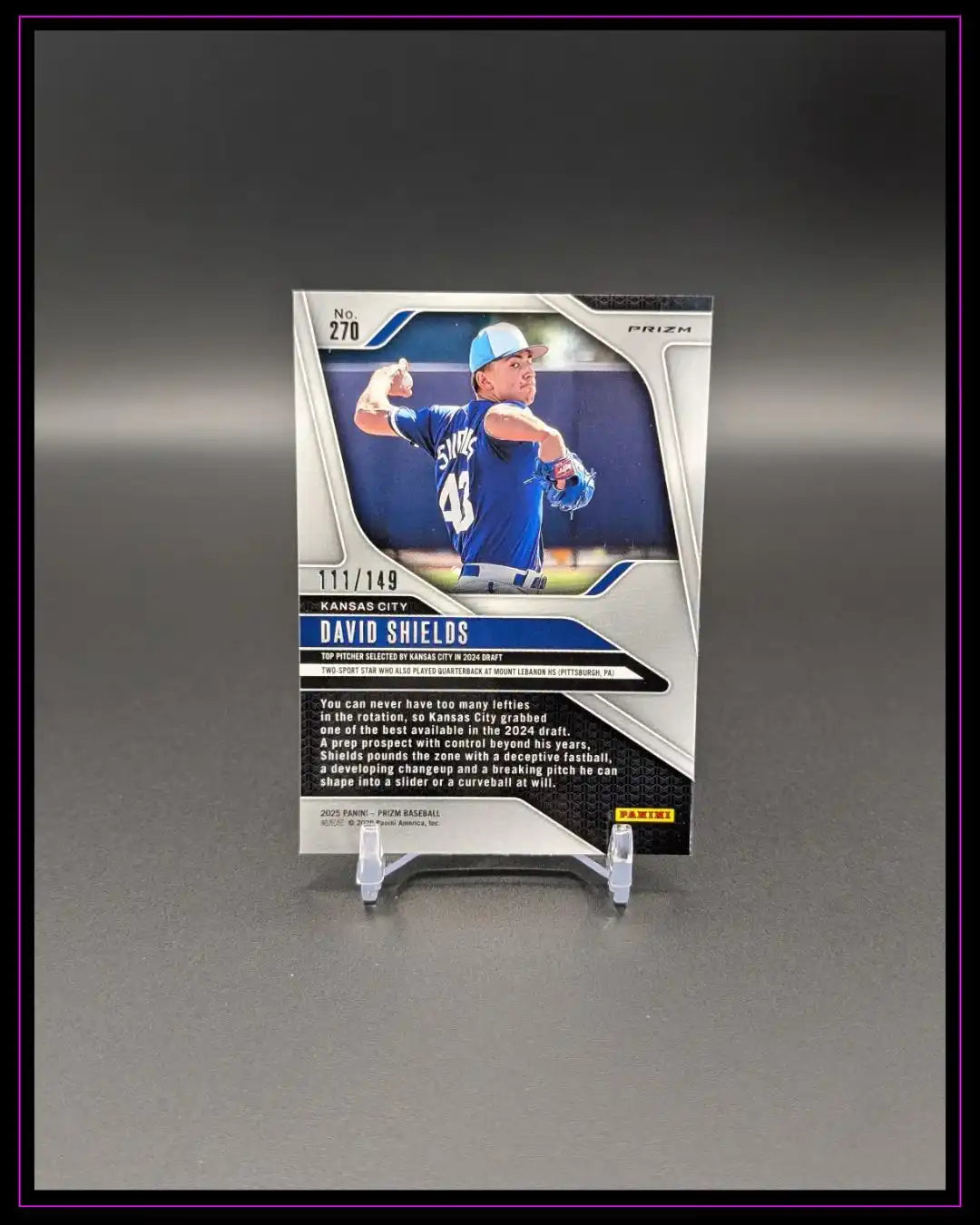 Baseball Trading Card David Shields Kansas City 2023 Panini Prizm, Rückseite auf Ständer