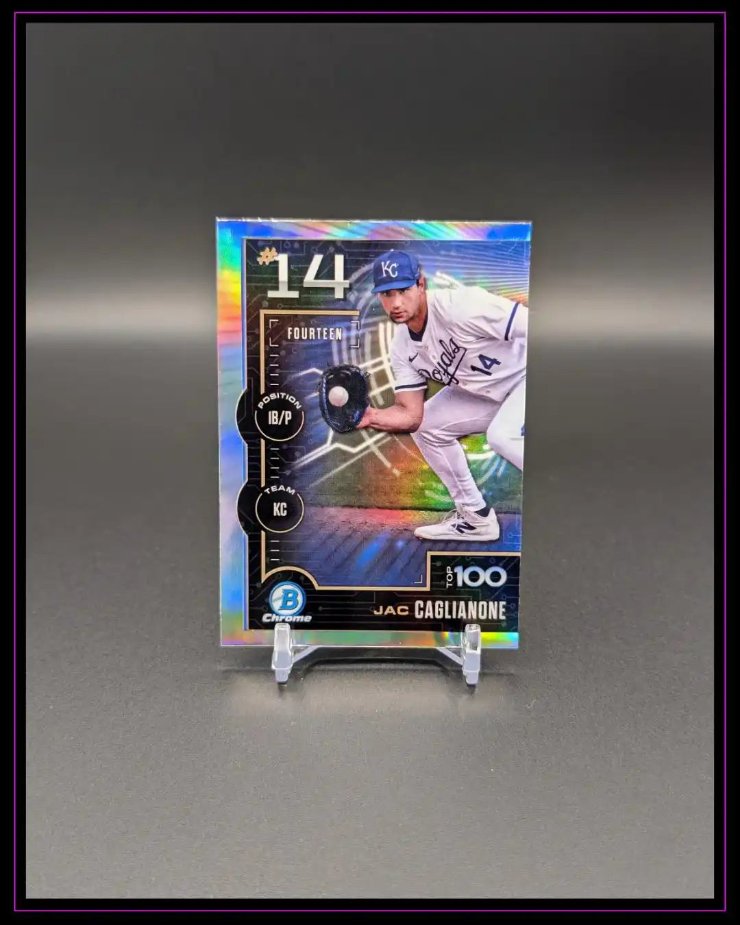 Glänzende Baseball-Trading-Card Jac Caglianone mit Spieler in Action, Nummer 14, Kansas City, Top 100 Bowman Chrome