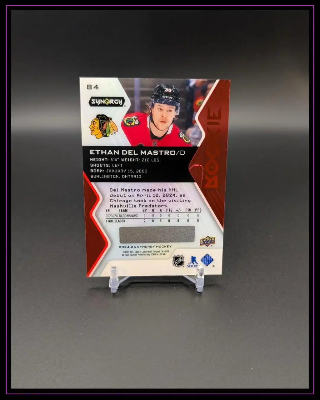 Rückseite einer Eishockey Trading Card von Ethan Del Mastro, Chicago, Rookie, auf Ständer