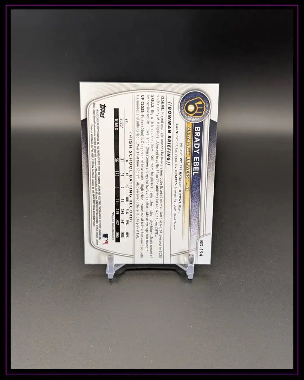 Rückseite einer Topps Baseball Trading Card auf Ständer, Text und Statistiken sichtbar.