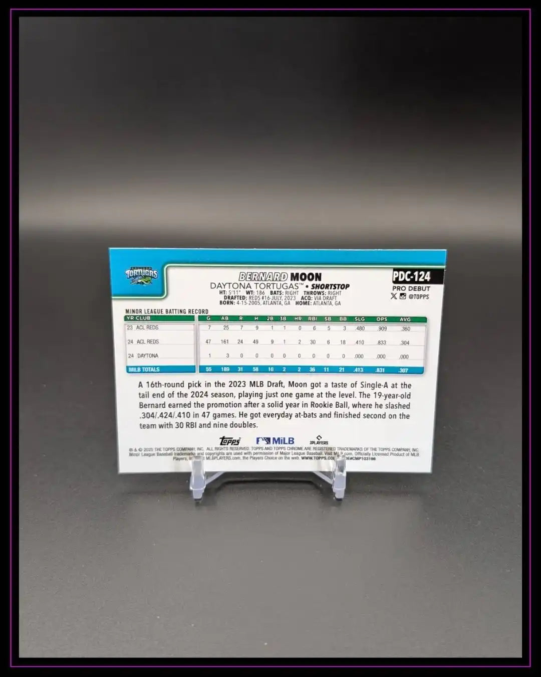 Baseball Trading Card Rückseite mit Spielerstatistiken und Text, auf Kartenständer präsentiert.