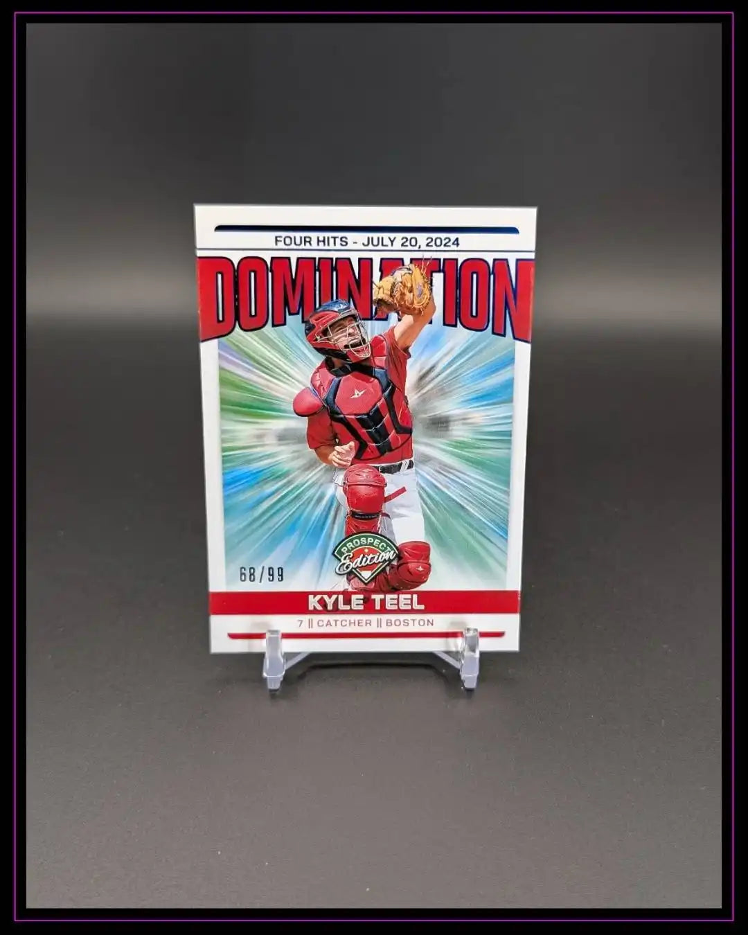 Baseball Trading Card mit Catcher im roten Outfit, Beschriftung DOMINATION, Kyle Teel, Boston.