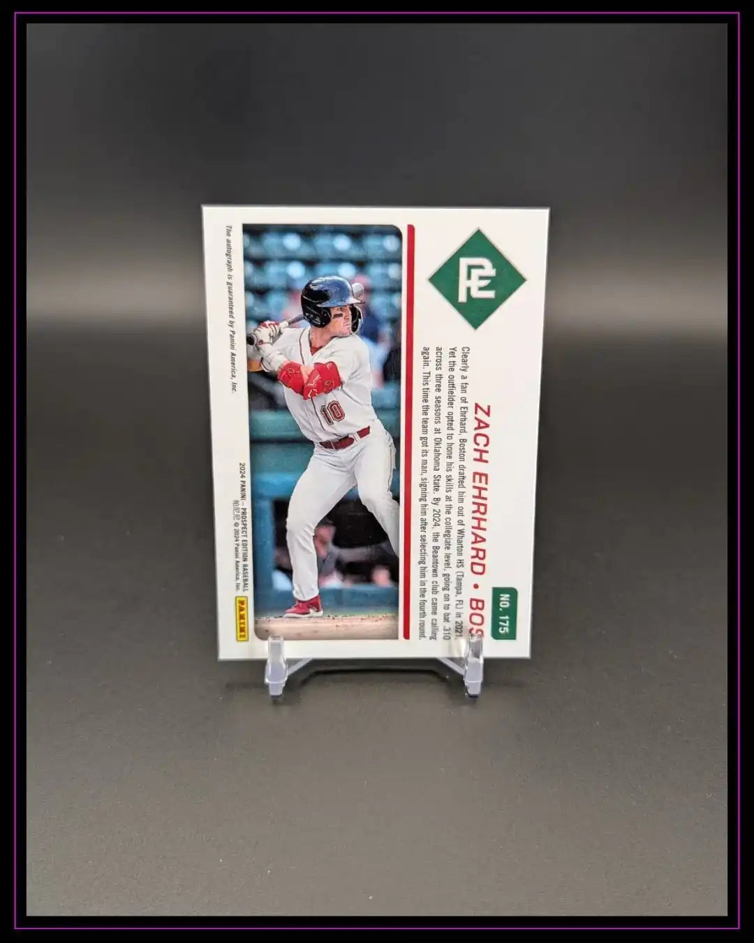 Baseball Trading Card mit Spielerfoto auf Ständer, Rückseite, Panini, Sammelkarte