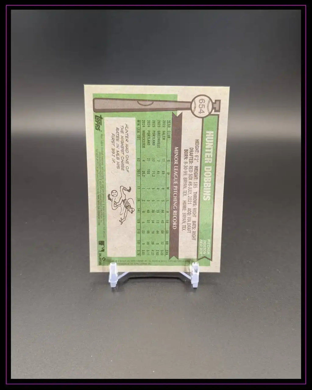 Baseball-Trading-Card Rückseite mit Statistiken, grün-braunes Design auf Ständer
