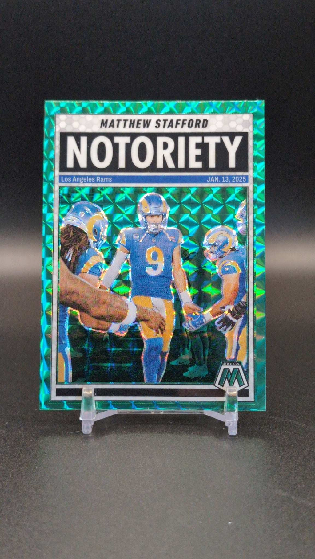 2025 Panini Mosaic #7 Matthew Stafford Notoriety Mosaic Green