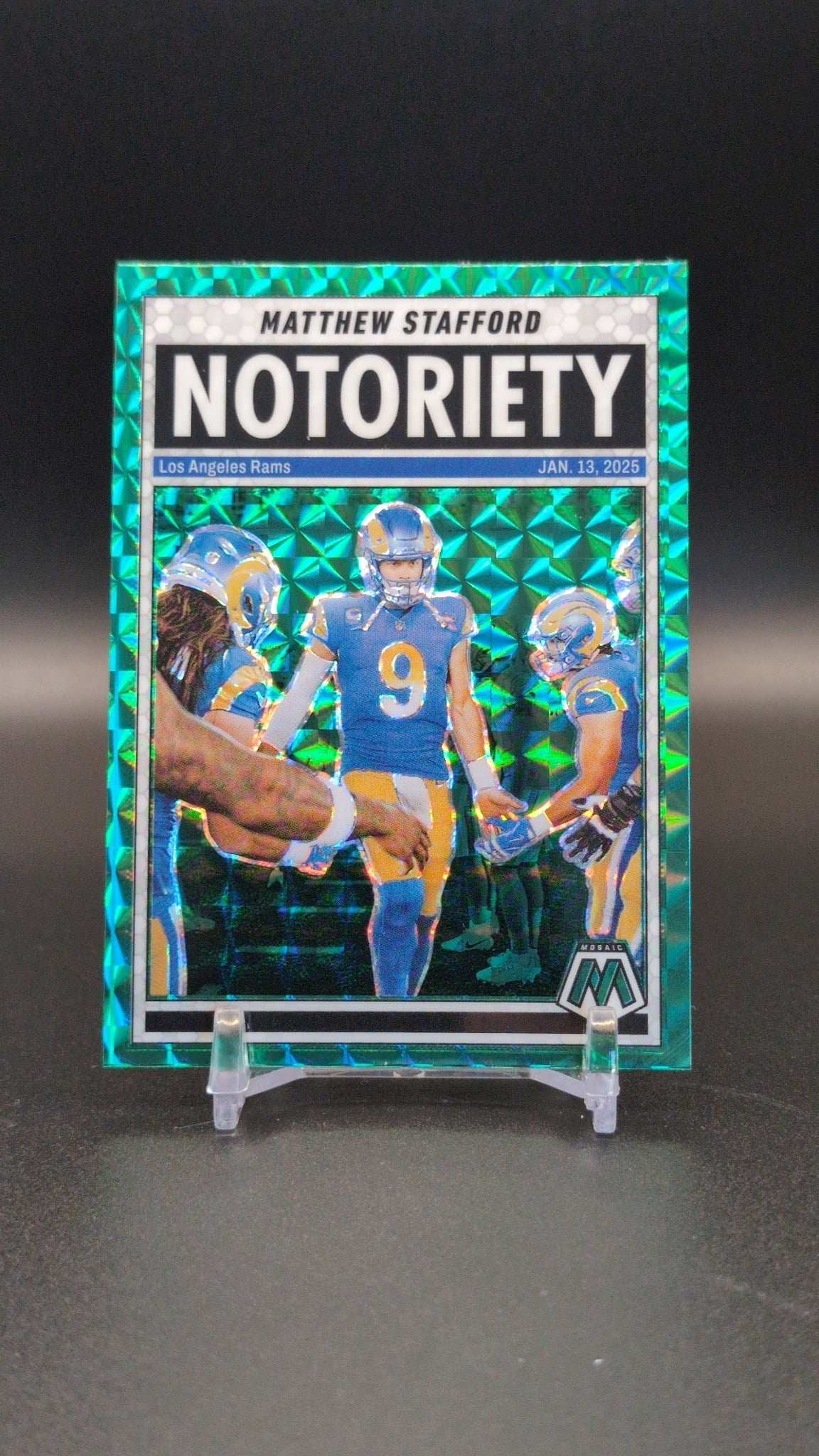 2025 Panini Mosaic #7 Matthew Stafford Notoriety Mosaic Green